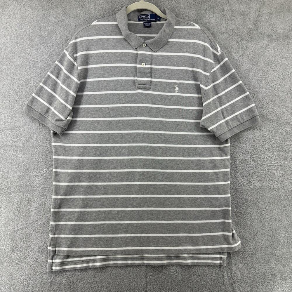 Polo Ralph Lauren Shirt Mens L Gray Striped Polo 1/4 Button Preppy Short Sleeve